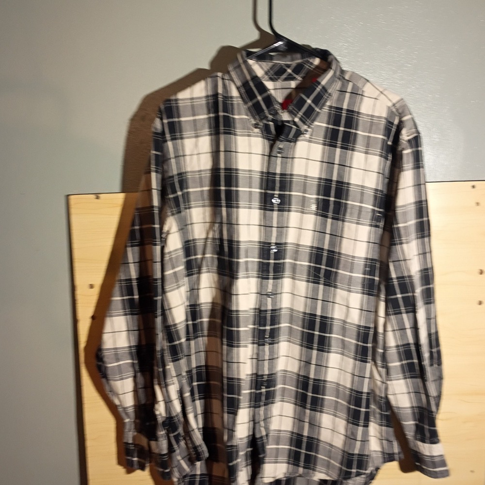 IZOD Button Down Shirt Mens Large L Navy Blue Cream Plaid Long Sleeve Cotton